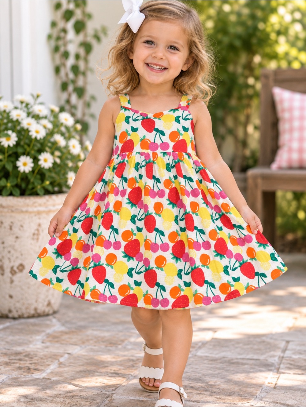 Adventurewear 360 Little Girls Fruit Print Square Neck Sleeveless Bow Dress NWT
